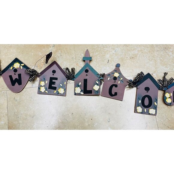 Wooden "Welcome" Birdhouse Garland With Floral & Bow Accents36 " - Picture 1 of 5